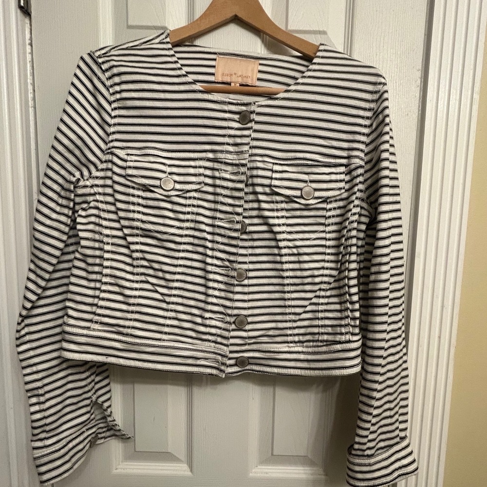 Gibson Latimer Striped Denim Jacket Womens Medium Black White Collarless Cropped